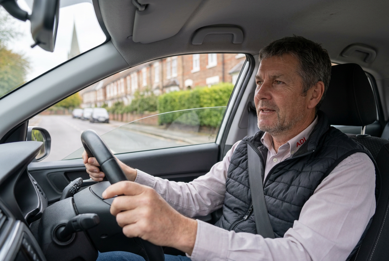 Colin Bush, DVSA approved driving instructor, answering a question from the driver's seat of his car on a Norwich street