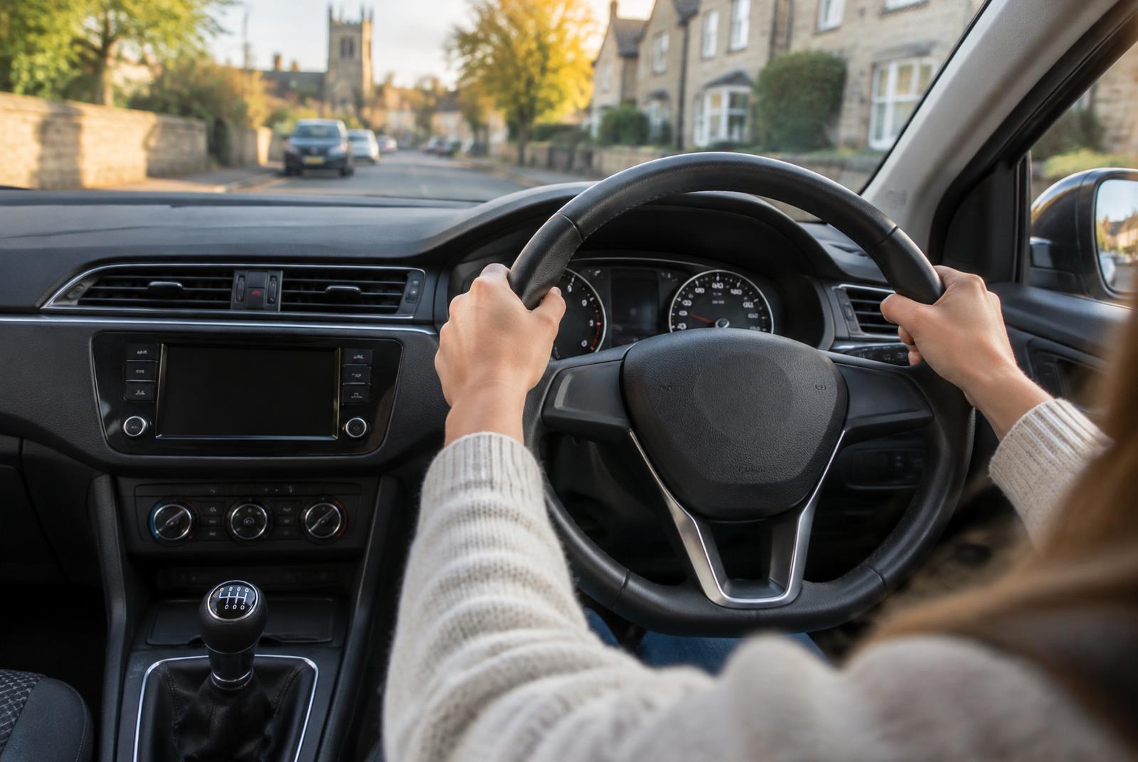 Learner driver's hands on the steering wheel of a car